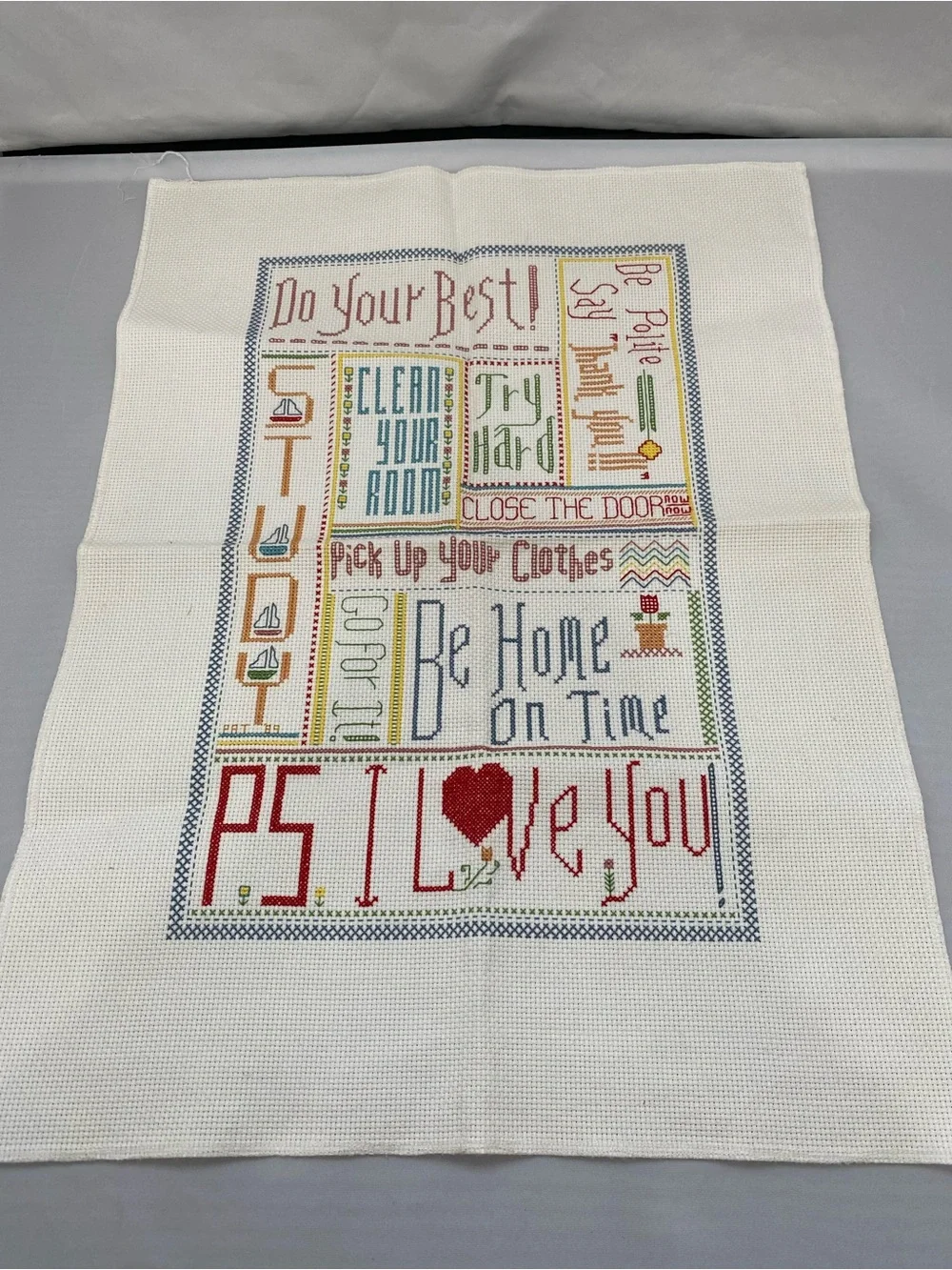 Handmade Cross Stitch Message Sampler - Red Heart Accent